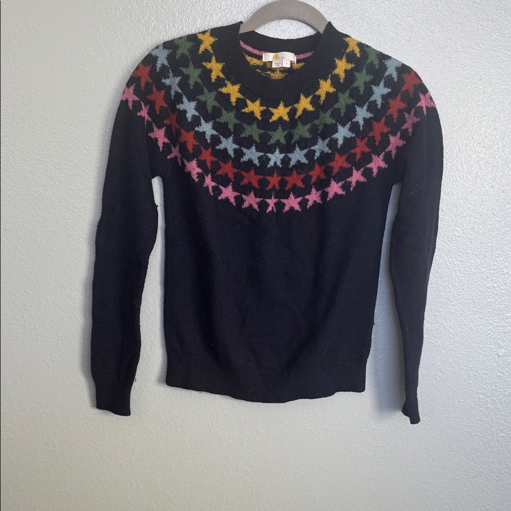 Boden Black Crewneck Sweater with Multicolor Star Yoke